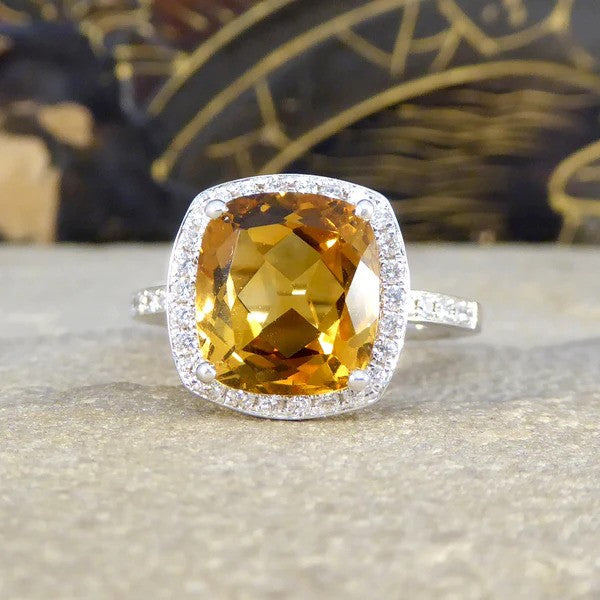3.80ct Cushion Cut Citrine and Diamond Halo Cluster Engagement Ring