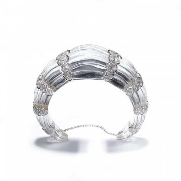Contemporary Carved Rock Crystal and Diamond Cuff Bangle Bracelet, 7.00 carat total, in 18ct White Gold