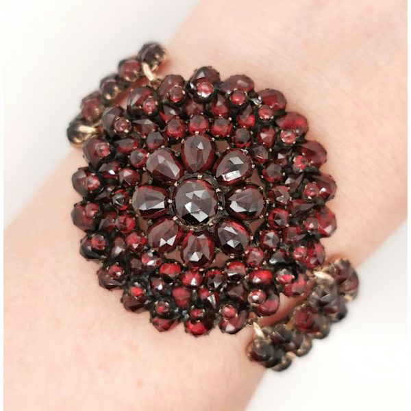 Antique Rose-Cut Bohemian Garnet Cluster Bracelet, Circa 1900