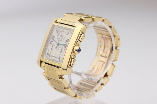 Cartier Tank Francaise 18ct Yellow Gold 1830 Chronograph, white dial, blue steel hands, Roman numerals, sapphire cabochon crown, sapphire crystal, 18ct yellow gold bracelet with double fold clasp, with Cartier box.