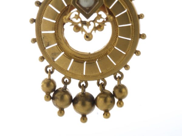 Antique Victorian 15ct Yellow Gold, Pearl and Ruby Drop Earrings; 19thC earrings set with freshwater pearls and natural rubies, Circa 1860s