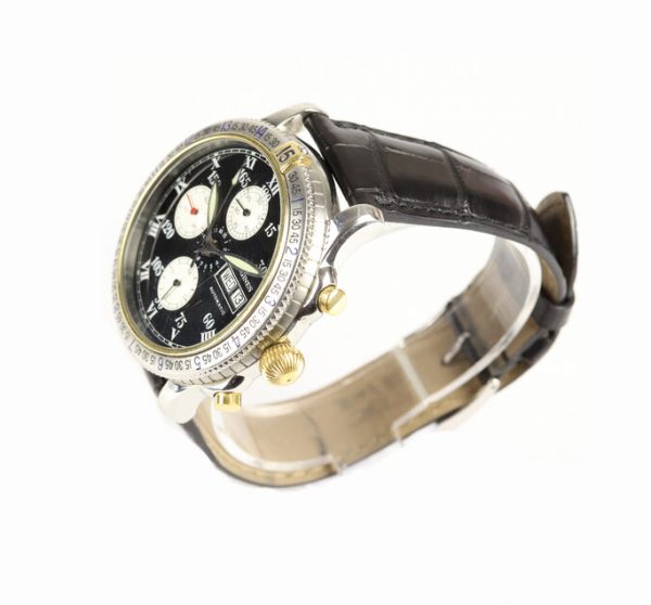 Longines Automatic Chronograph Special Series 42mm Stainless Steel Watch; black dial with day and date indicators (quick-set), chronograph sub-dials, rotating bezel, with luminous Roman numerals and hands, exhibition back, on black leather strap