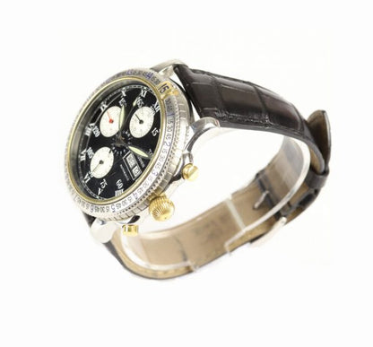 Longines Automatic Chronograph Special Series 42mm Stainless Steel Watch; black dial with day and date indicators (quick-set), chronograph sub-dials, rotating bezel, with luminous Roman numerals and hands, exhibition back, on black leather strap