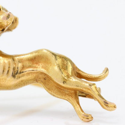 Antique Victorian 18ct Yellow Gold Dog Brooch with Diamond and Ruby decorated Collar