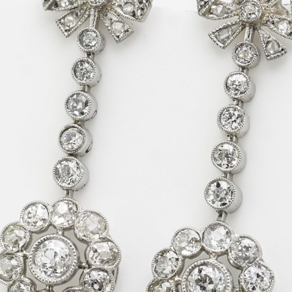 Antique Victorian Old Cut Diamond Bow and Cluster Drop Earrings in Platinum, 2.72 carats