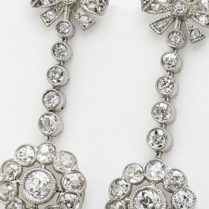 Antique Victorian Old Cut Diamond Bow and Cluster Drop Earrings in Platinum, 2.72 carats