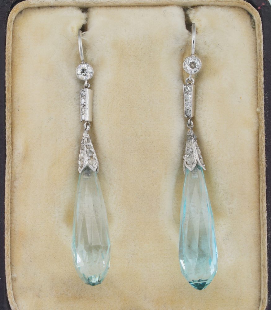Art Deco 23cts Aquamarine and Old Cut Diamond Drop Earrings in Platinum