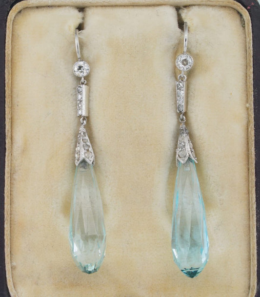 Art Deco 23cts Aquamarine and Old Cut Diamond Drop Earrings in Platinum