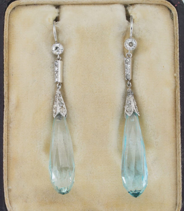 Art Deco 23cts Aquamarine and Old Cut Diamond Drop Earrings in Platinum