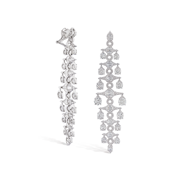 Old Mine Cut Diamond Chandelier Drop Earrings; set with graduating old mine-cut and round brilliant-cut diamonds, 21.60 carat total, mounted in lightly hammered 18ct white gold