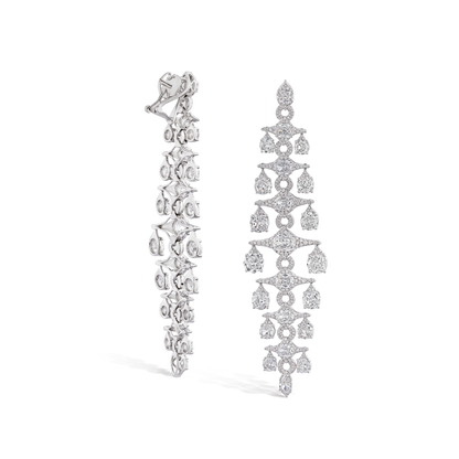 Old Mine Cut Diamond Chandelier Drop Earrings; set with graduating old mine-cut and round brilliant-cut diamonds, 21.60 carat total, mounted in lightly hammered 18ct white gold