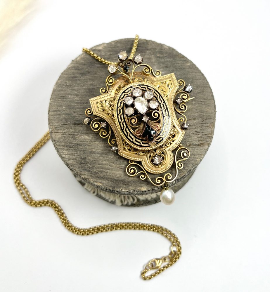 Antique Diamond, Enamel And Pearl Brooch In 18 Carat Yellow Gold