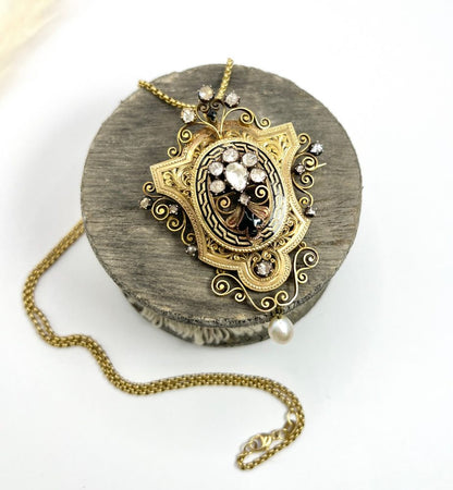 Antique Diamond, Enamel And Pearl Brooch In 18 Carat Yellow Gold