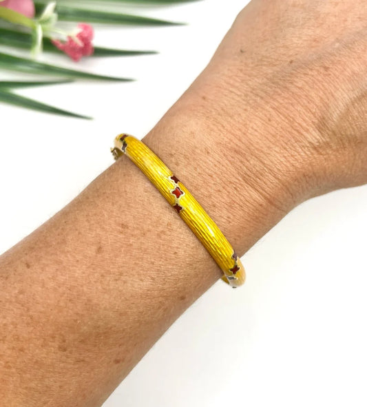 Art Deco Yellow Guilloche Enamel Bangle Bracelet
