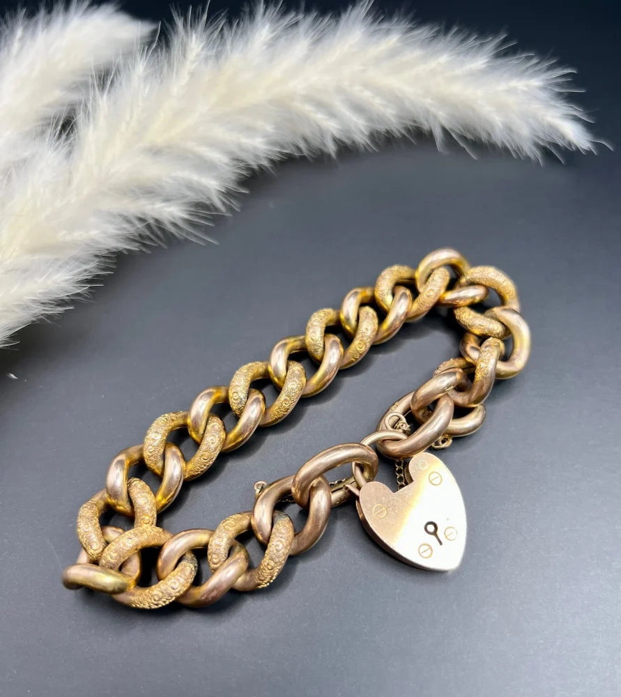 Antique 9 Carat Rose Gold Night & Day Curb Bracelet With Heart Padlock Clasp