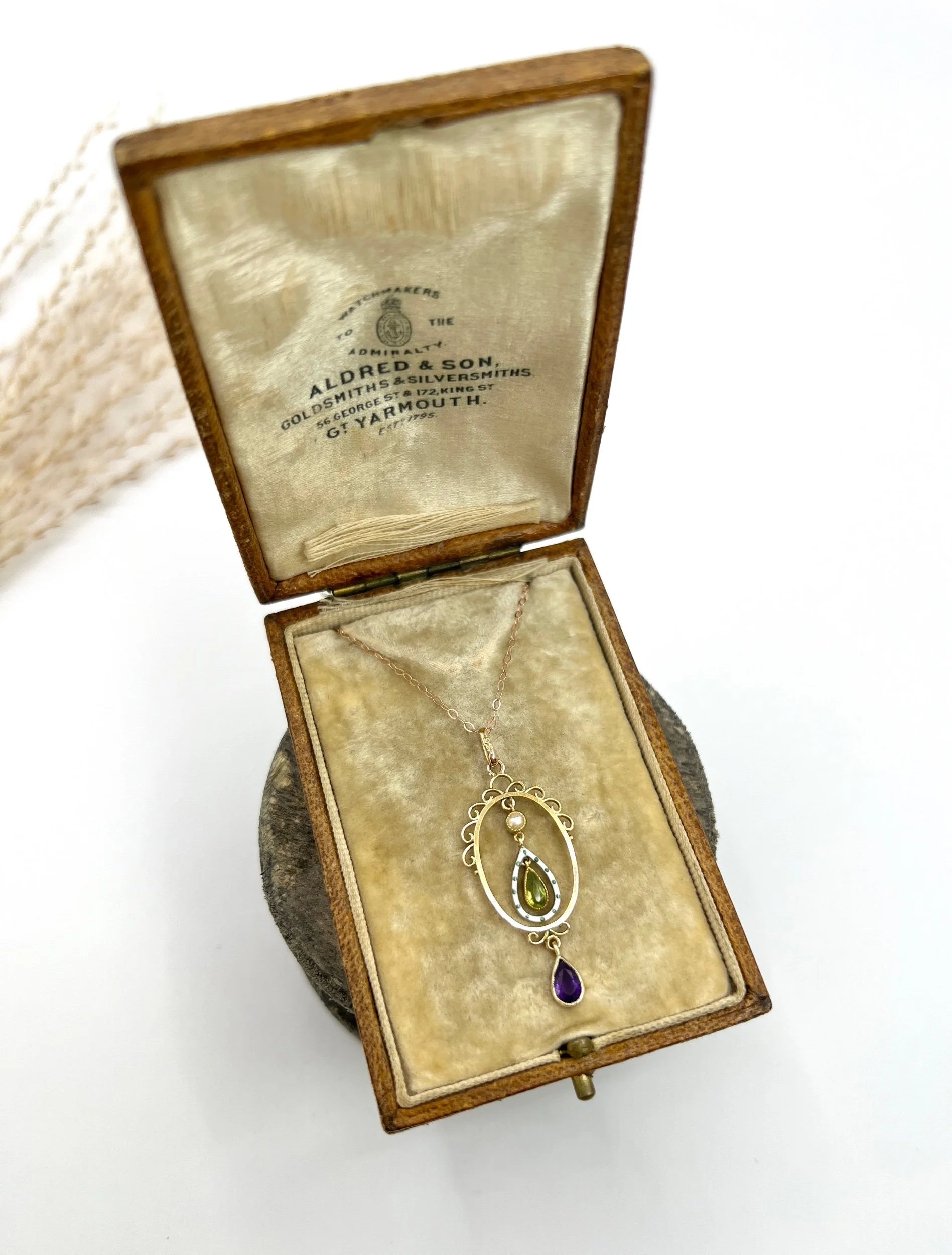 Antique 9 ct Gold, Edwardian Amethyst, Peridot, Seed Pearl And Enamel, Teardrop Suffragette Pendant Necklace