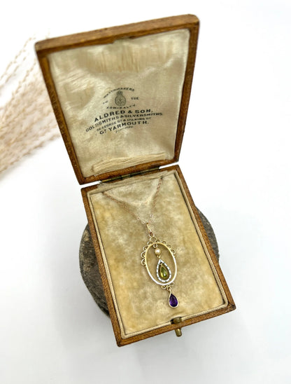 Antique 9 ct Gold, Edwardian Amethyst, Peridot, Seed Pearl And Enamel, Teardrop Suffragette Pendant Necklace