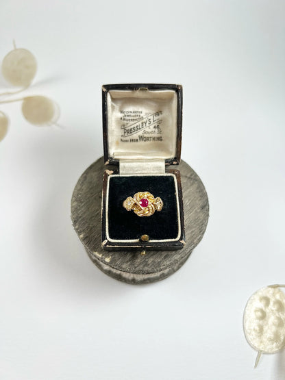 Antique 18 Carat Gold Ruby and Diamond Fancy Knot Ring, Hallmarked Birmingham 1916