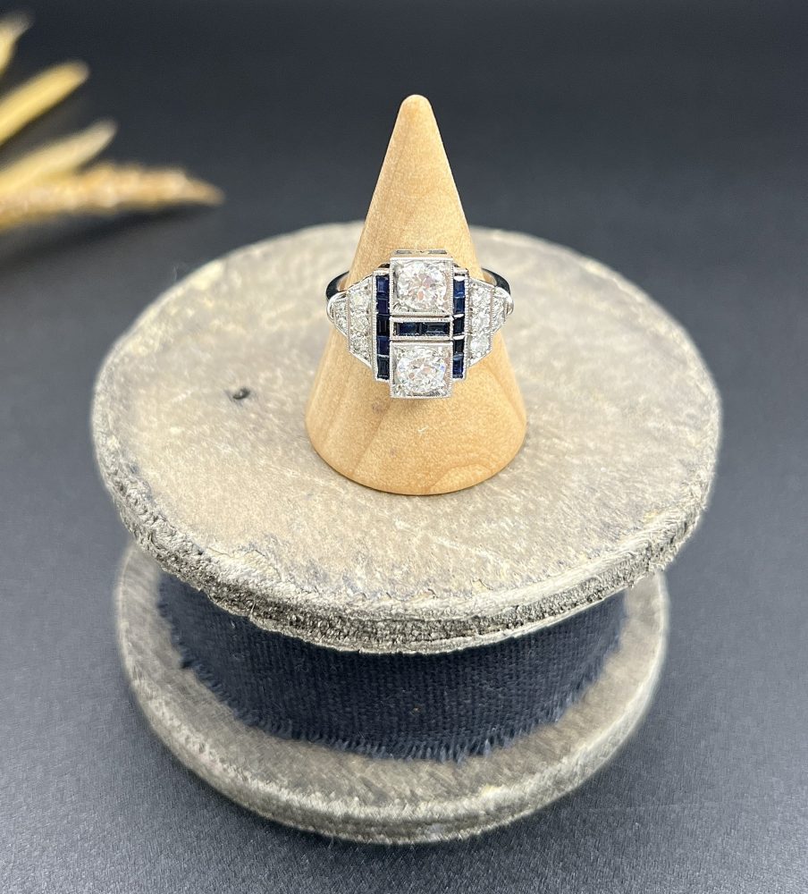 Art Deco Style Sapphire and Diamond Geometric Plaque Ring