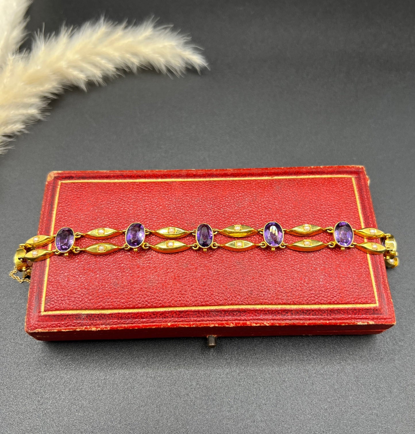 Antique Art Nouveau 15 Carat Yellow Gold Amethyst and Seed Pearl Two Row Bracelet