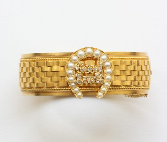Antique Victorian Pearl and Diamond Set 18ct Gold Woven Bangle; pearl set horseshoe with diamond set 'good luck' text, with matching earrings