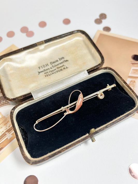 Antique 9ct Gold & Enamel Edwardian Fishing Rod Brooch, Hallmarked London 1905
