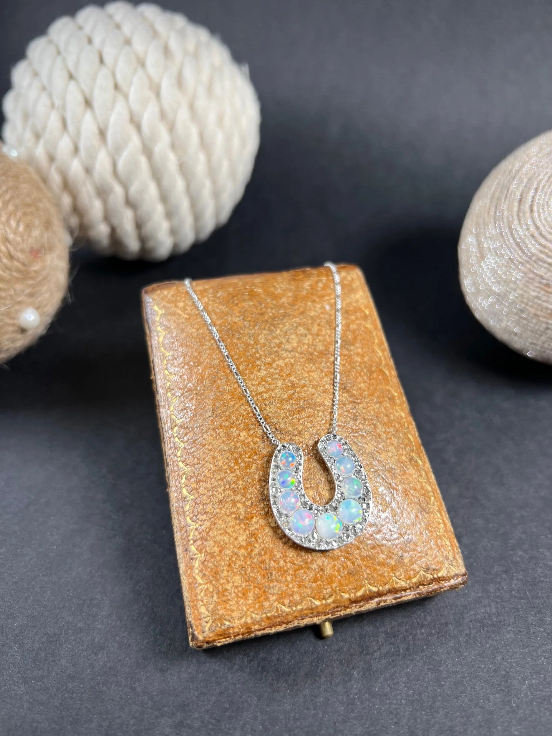 Victorian 18 Carat White Gold Opal and Diamond Lucky Horseshoe Pendant Necklace
