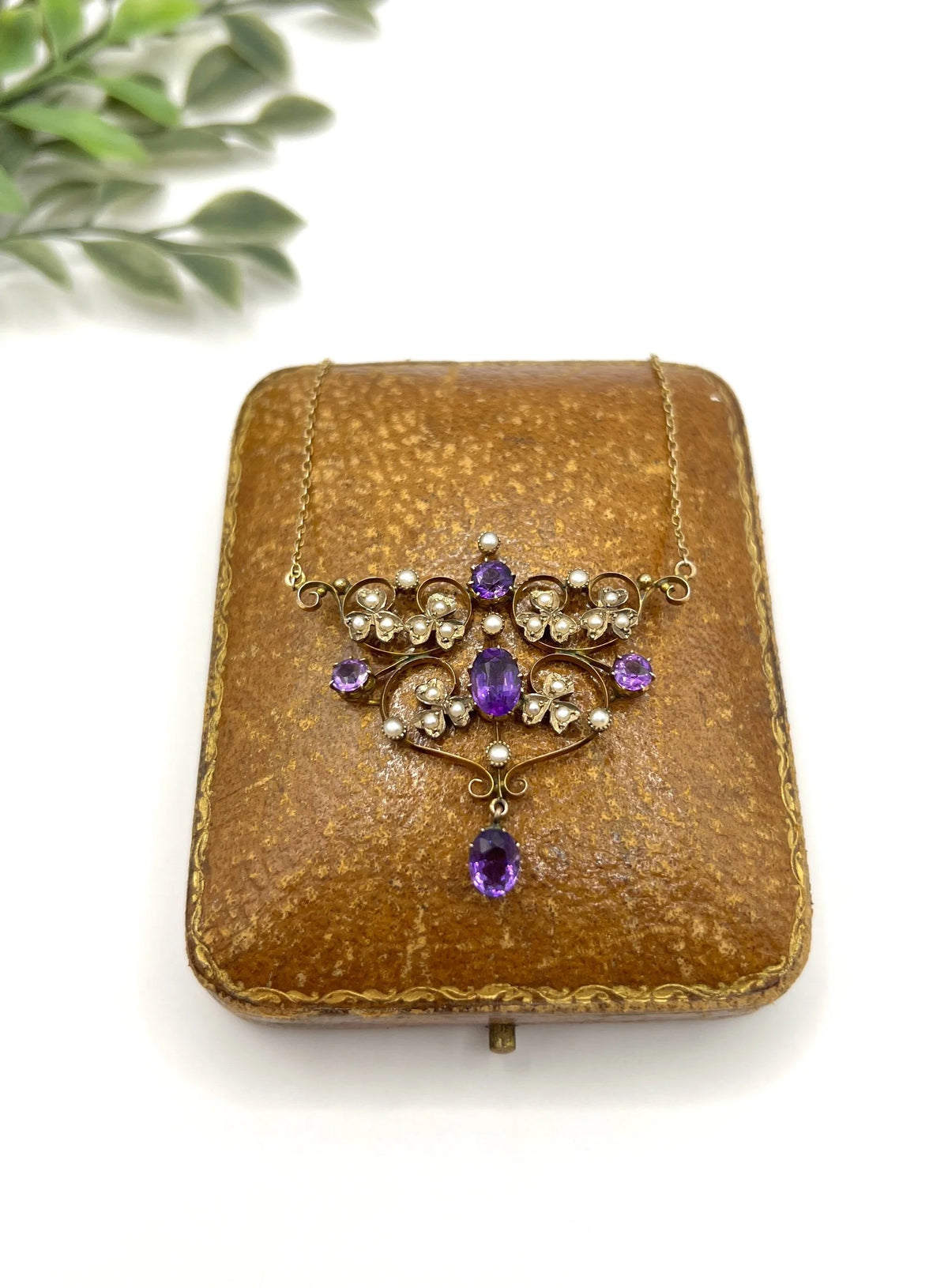 Antique 9 Carat Rose Gold Amethyst and Seed Pearl Pendant Necklace