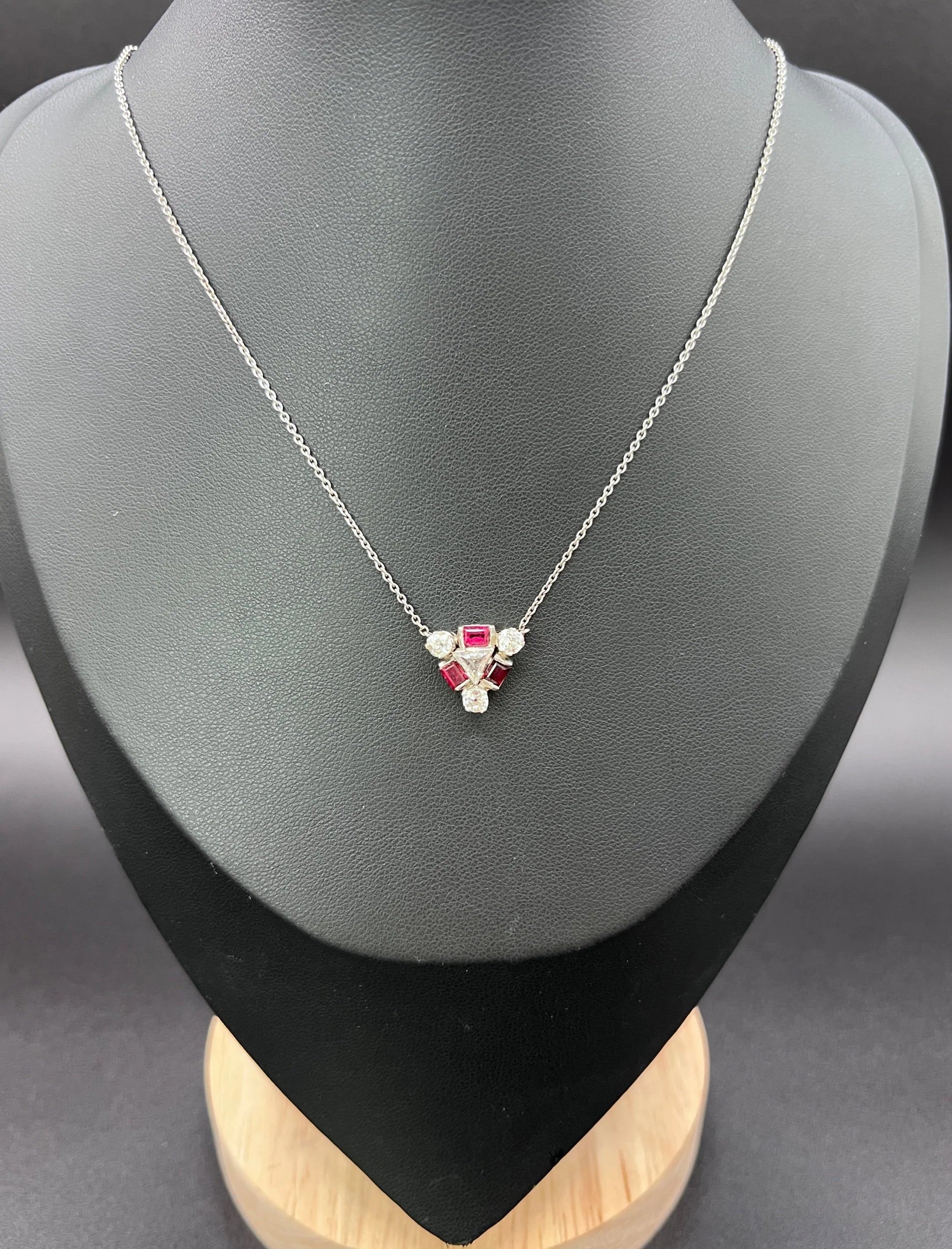 Vintage 18ct White Gold, 1930s Ruby & Diamond Pendant Necklace