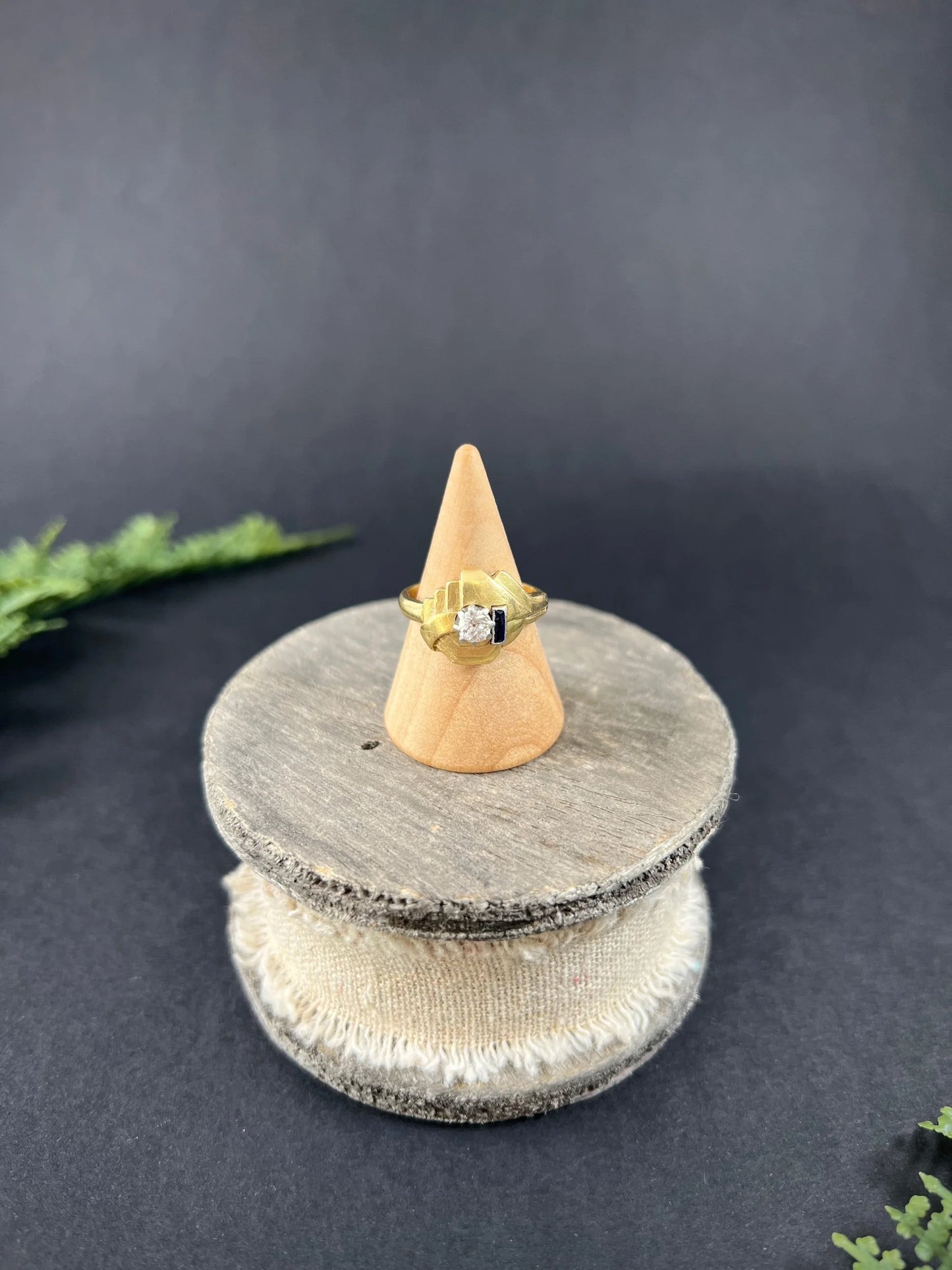 Art Deco 18 Carat Yellow Gold Sapphire and Diamond Geometric Ring, Circa 1920