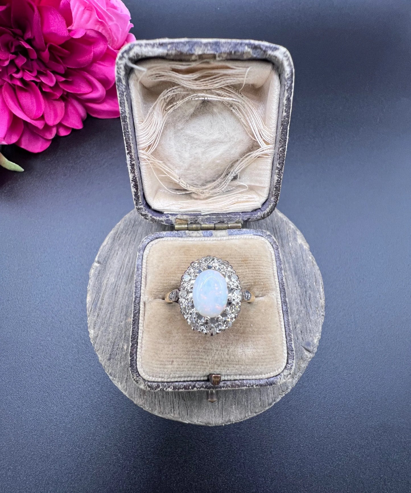 Vintage 18 Carat Yellow Gold Opal and Diamond Oval Cluster Ring, Hallmarked 1963