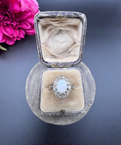 Vintage 18 Carat Yellow Gold Opal and Diamond Oval Cluster Ring, Hallmarked 1963