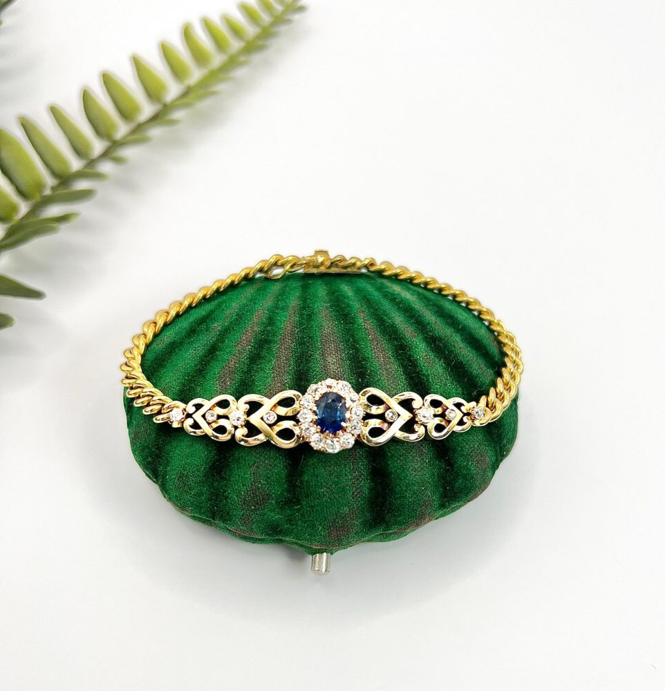 Edwardian Antique Sapphire and Diamond Cluster Fancy Heart Link Gold Curb Bracelet
