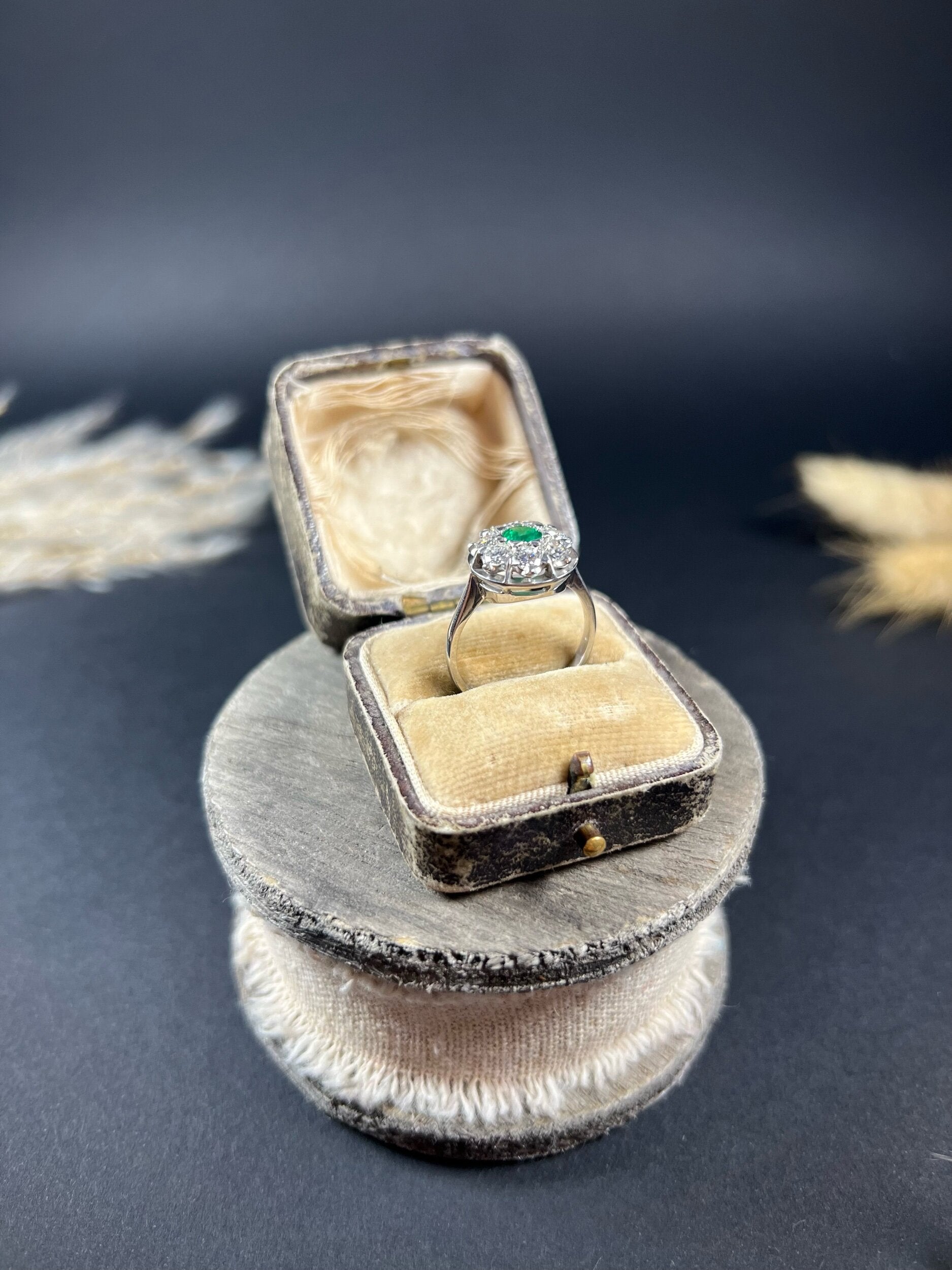 Vintage 18ct White Gold, 1940s Emerald Diamond Round Cluster Engagement Ring