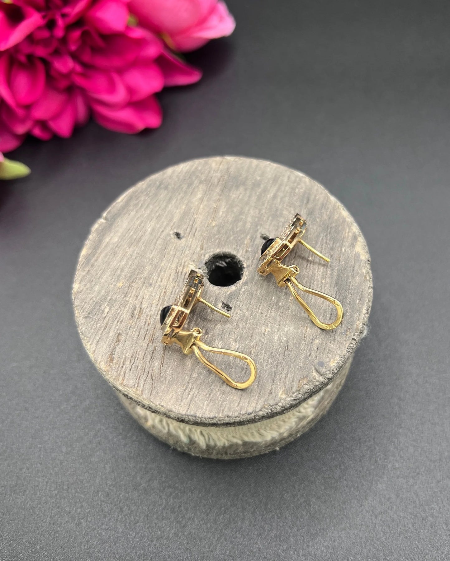 Vintage 14 ct Gold, Italian 1940's Art Deco Design, Diamond And Onyx Earrings