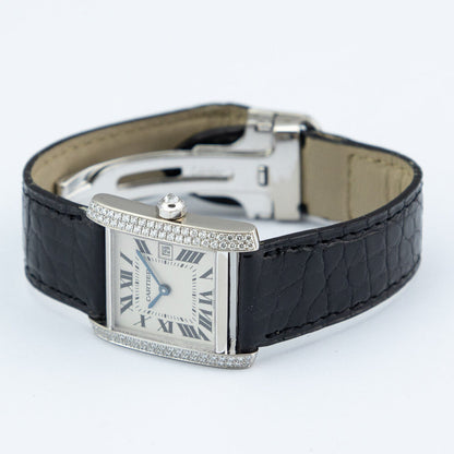Vintage Cartier Tank Francaise 2404 18ct White Gold Factory Diamond Medium Model Watch with Box and Papers 2005