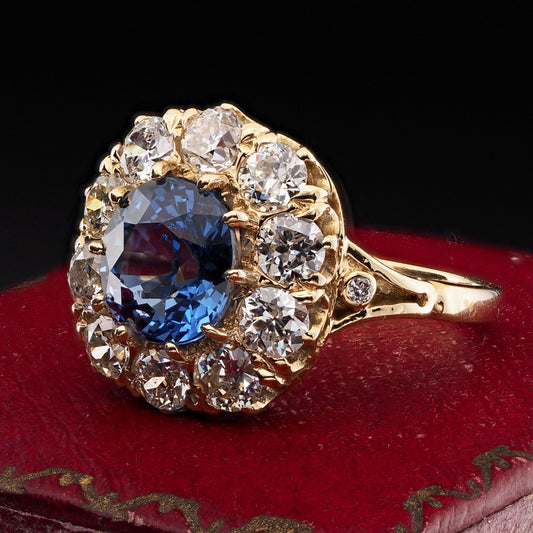 Victorian Antique 3.60ct Natural No Heat Burma Sapphire and Old Cut Diamond Cluster Engagement Ring