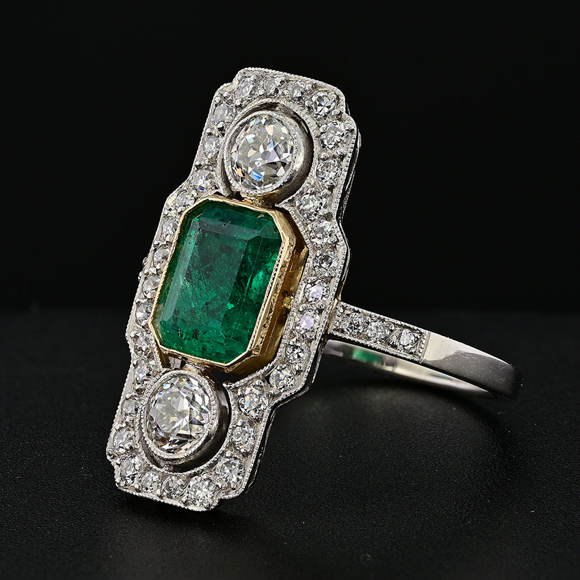 Art Deco 1.32ct Colombian Emerald and Diamond Three Stone Plaque Ring in Platinum