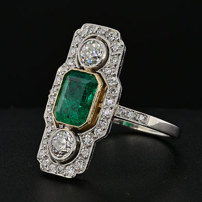 Art Deco 1.32ct Colombian Emerald and Diamond Three Stone Plaque Ring in Platinum