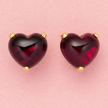 Steltman Tourmaline and Gold Heart Earrings, set with chunky dark pink tourmaline hearts in 18ct yellow gold with post and clip fittings