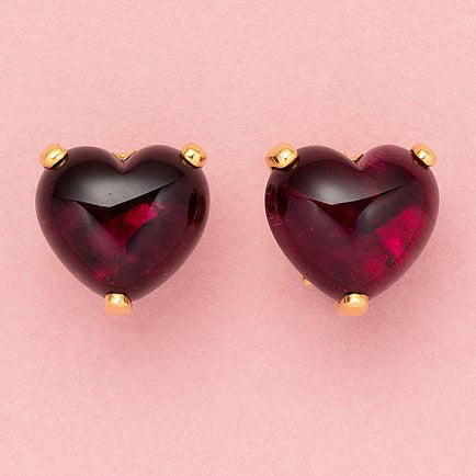 Steltman Tourmaline and Gold Heart Earrings, set with chunky dark pink tourmaline hearts in 18ct yellow gold with post and clip fittings