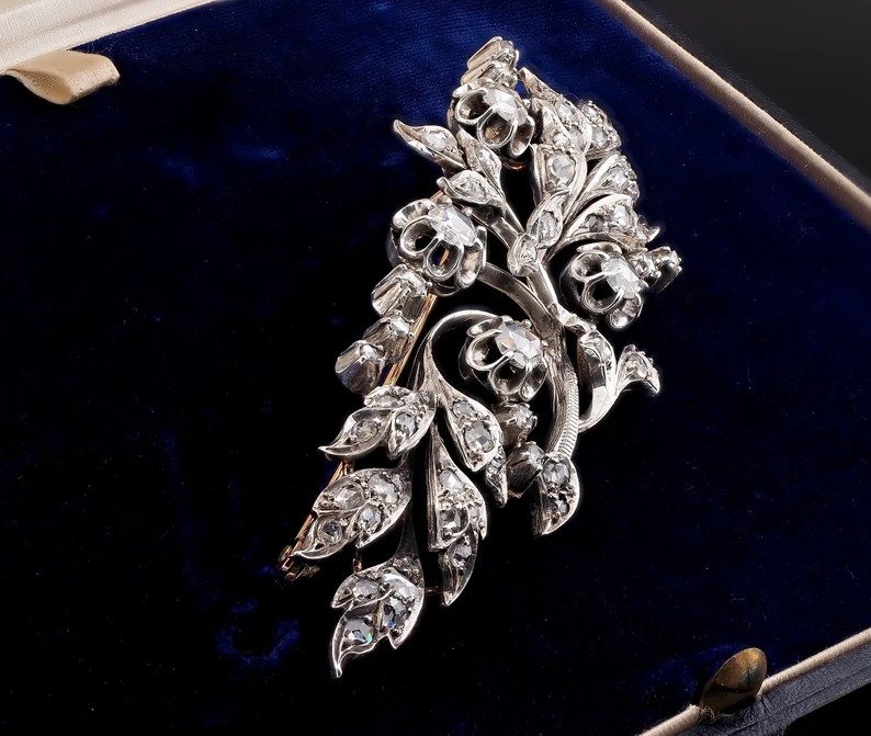 Antique Victorian 3.6ct Rose Cut Diamond Floral Spray Brooch