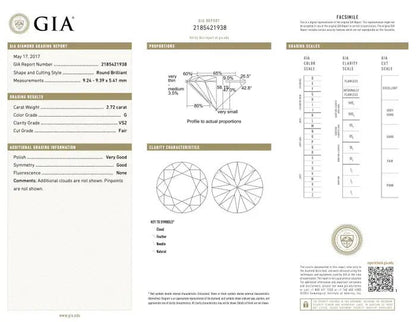 GIA Certified 2.72ct Diamond Solitaire Engagement Ring, G colour and VS2 clarity with GIA certificate