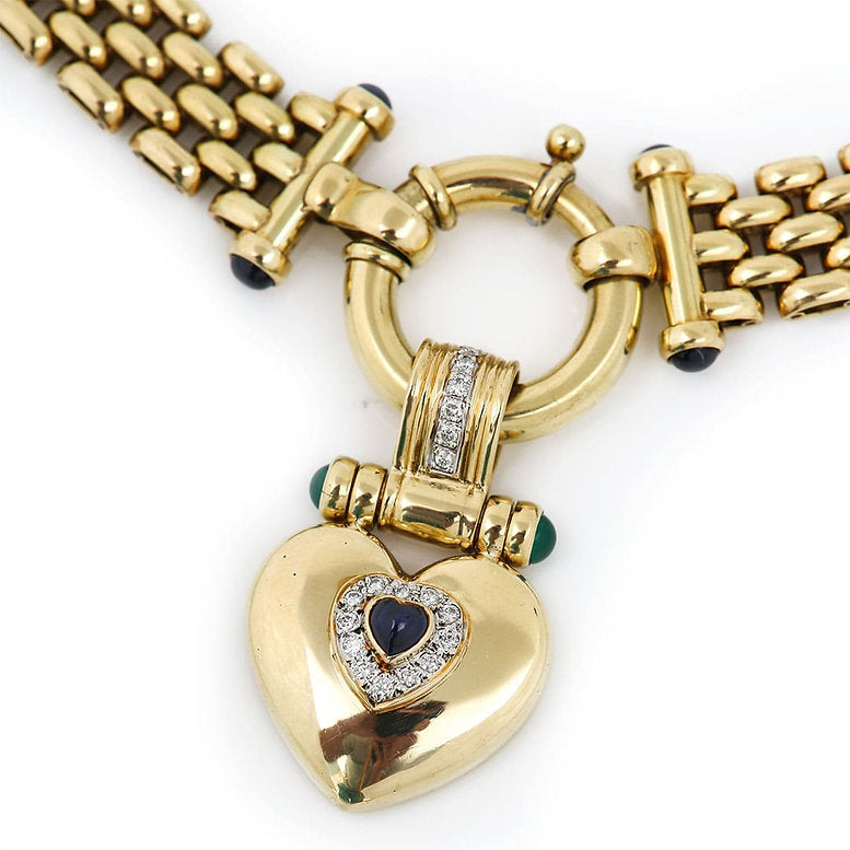 Vintage 14ct Yellow Gold Collar Necklace with Sapphire and Diamond Heart Pendant with Emeralds