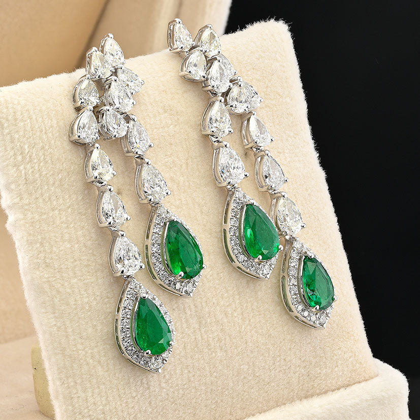 Pear Cut 2.92ct Emerald and 5ct Diamond Drop Earrings