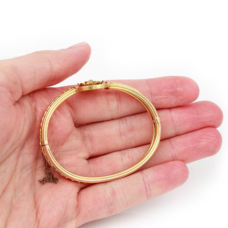 Antique Victorian Old Cut Diamond Set 15ct Gold Bangle Bracelet