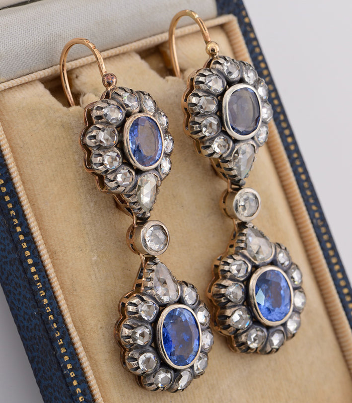 Victorian Antique 8.80ct Natural Ceylon Sapphire and Diamond Double Cluster Drop Earrings in silver and 18ct gold. Late 19th century Circa 1880