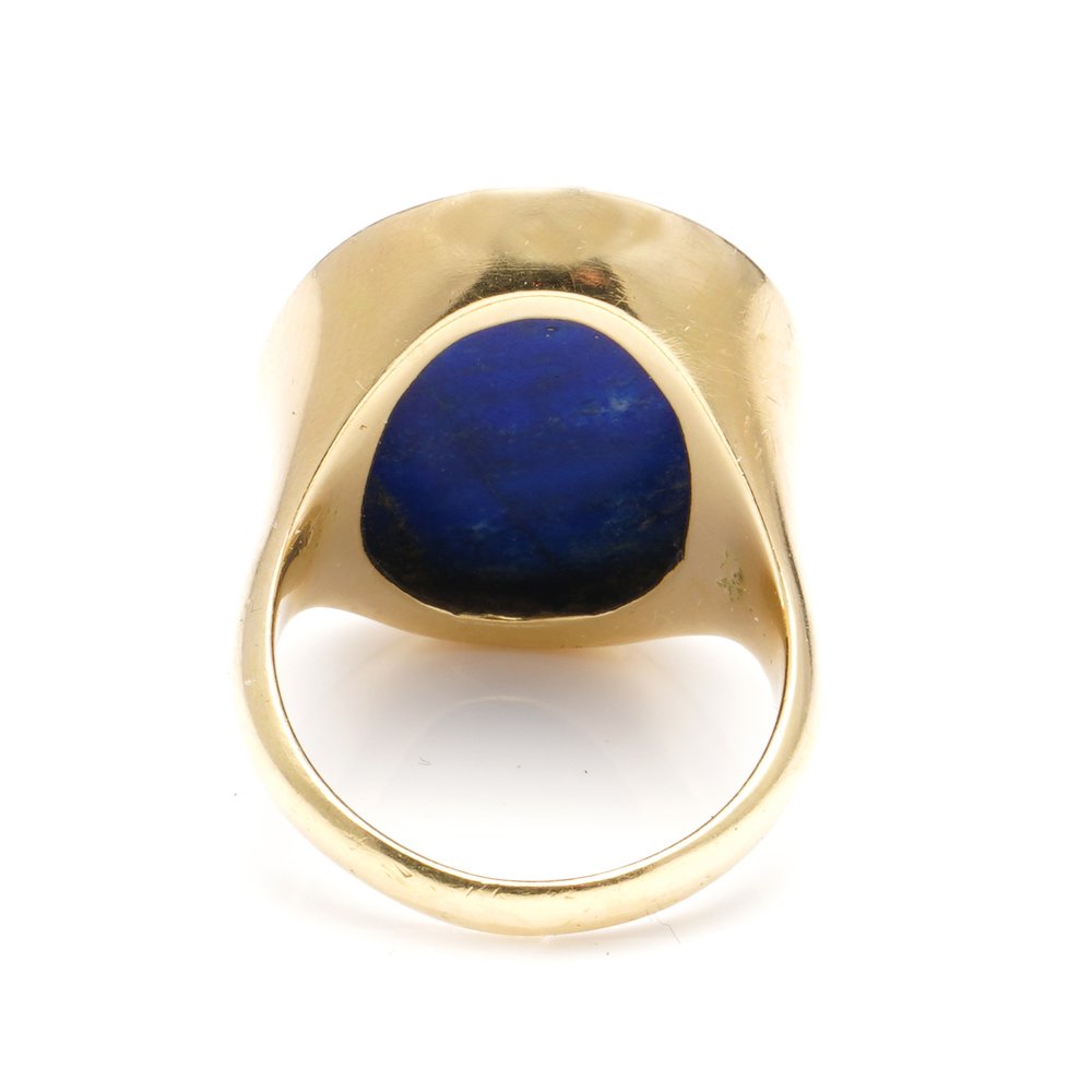 Antique Ancient Roman Emperor Lapis Lazuli and Gold Signet Ring; Second Century AD Roman Empire carved lapis lazuli depicting the iconic Hadrian Roman Emperor with later 18ct yellow gold shank