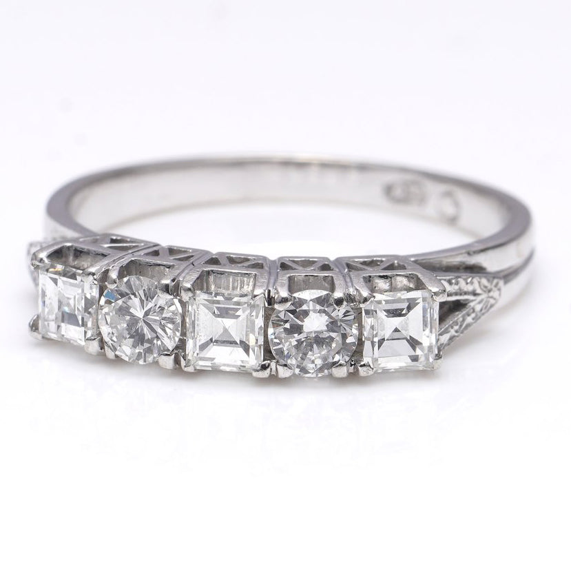 0.75ct Brilliant and Square Carre Cut Diamond Five Stone Ring in Platinum