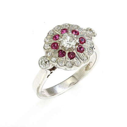 Vintage Ruby and Diamond Cluster Dress Ring in 18ct White Gold